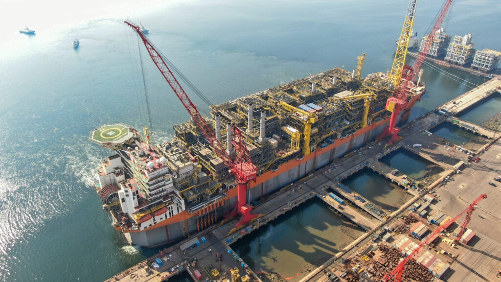 Aerial view of FPSO Sepetiba at BOMESC's Lingang yard before sailaway
